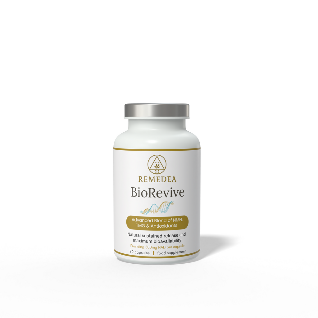 Remedea BioRevive NMN complex supplement bottle on a white background