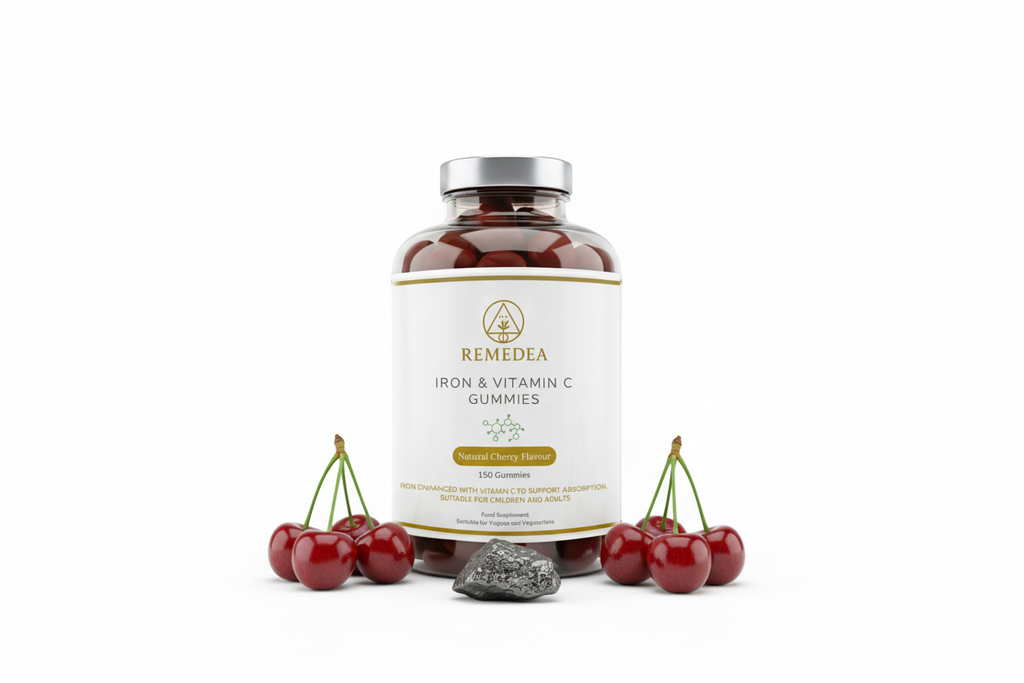 Bottle of Remedea Iron & Vitamin C Gummies on a white background