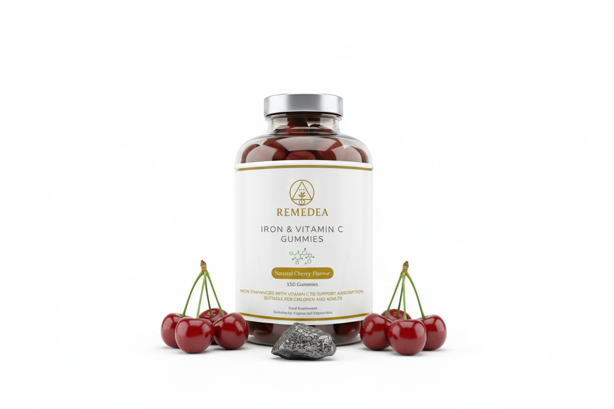 Bottle of Remedea Iron & Vitamin C Gummies on a white background